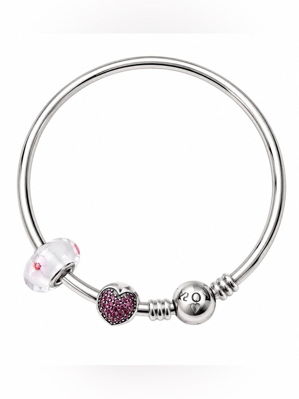 Pandora Sterling Bangle Bracelet with Pink Pave Heart and Clear Murano Bead